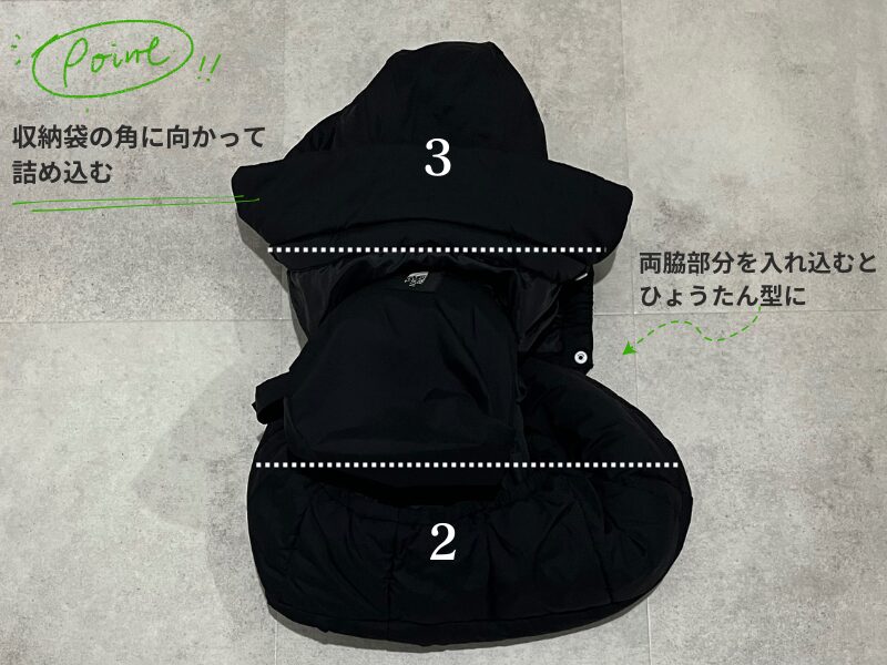 両脇部分を収納袋に入れ込んで、ひょうたん型になった状態