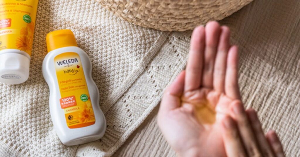 会陰マッサージに使用したヴェレダ「カレンドラベビーオイル」の写真