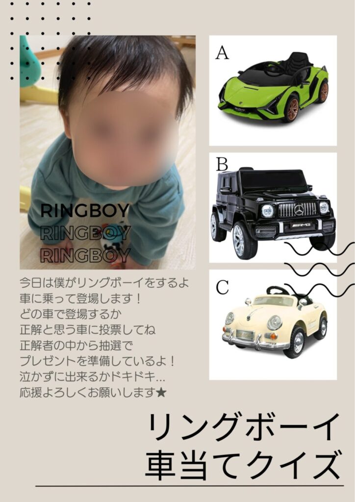 リングボーイの車当てクイズの案内文の作成例。