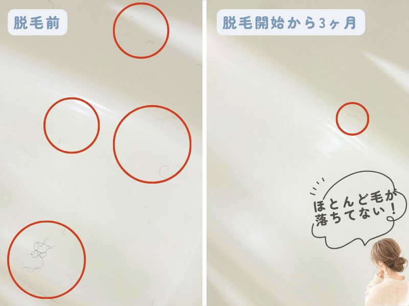 左：毛が散らばった浴槽　右：毛がほぼ落ちていない浴槽の写真