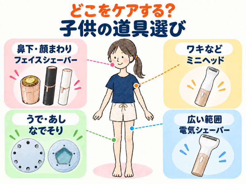部位別の子供向けムダ毛処理道具の選び方（顔：フェイスシェーバー、うで・あし：なでそり、ワキ等：ミニヘッド、広い範囲：電気シェーバー